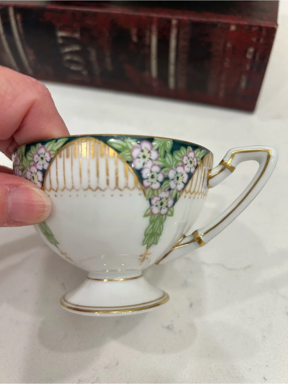 Titanic Pattern-Vintage Floral Gold-Trim Tea Cup & Saucer - Green, Pink, White